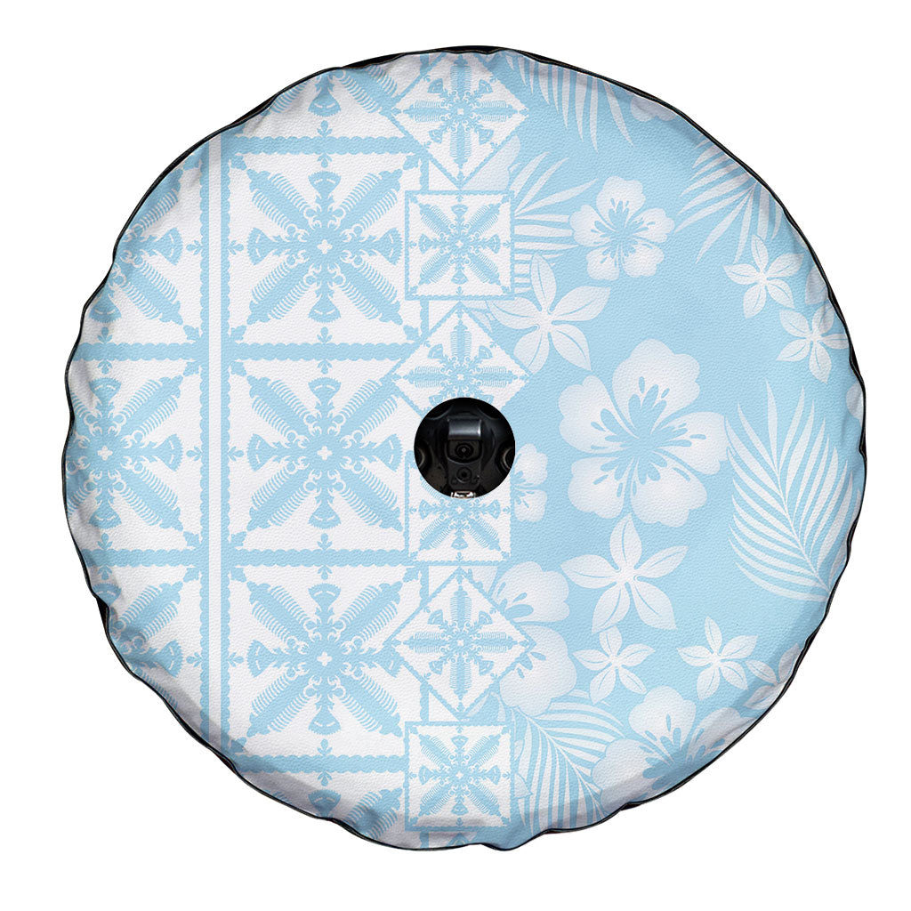 Pastel Blue Kahili Quilt Hawaii Spare Tire Cover Tropical Flower Seamless Half Style