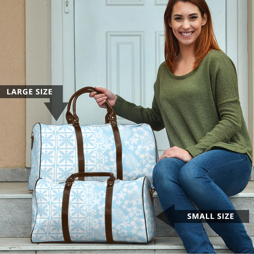 Pastel Blue Kahili Quilt Hawaii Travel Bag Tropical Flower Seamless Half Style