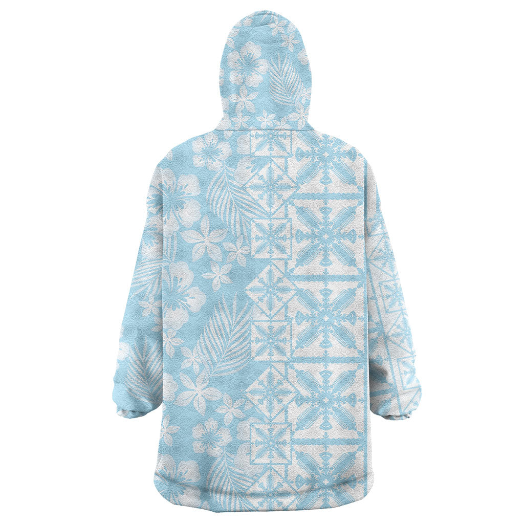 Pastel Blue Kahili Quilt Hawaii Wearable Blanket Hoodie Tropical Flower Seamless Half Style