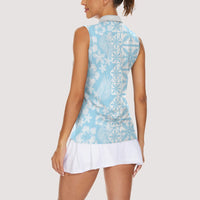 Pastel Blue Kahili Quilt Hawaii Women Sleeveless Polo Shirt Tropical Flower Seamless Half Style