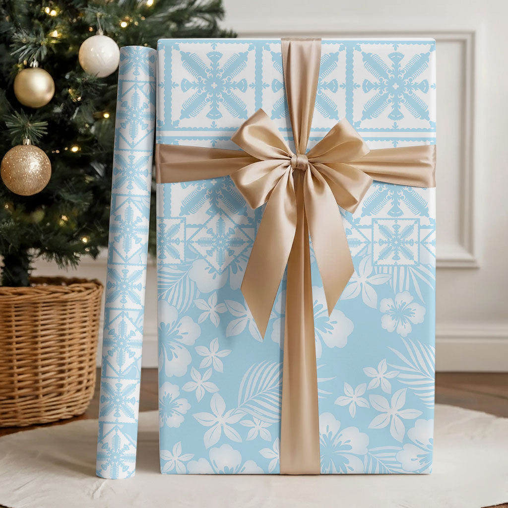 Pastel Blue Kahili Quilt Hawaii Wrapping Paper Tropical Flower Seamless Half Style