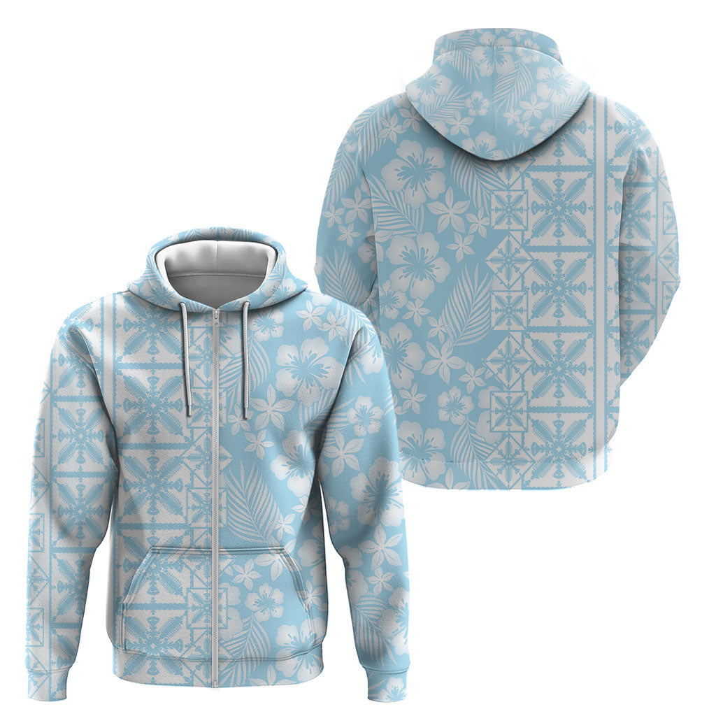 Pastel Blue Kahili Quilt Hawaii Zip Hoodie Tropical Flower Seamless Half Style