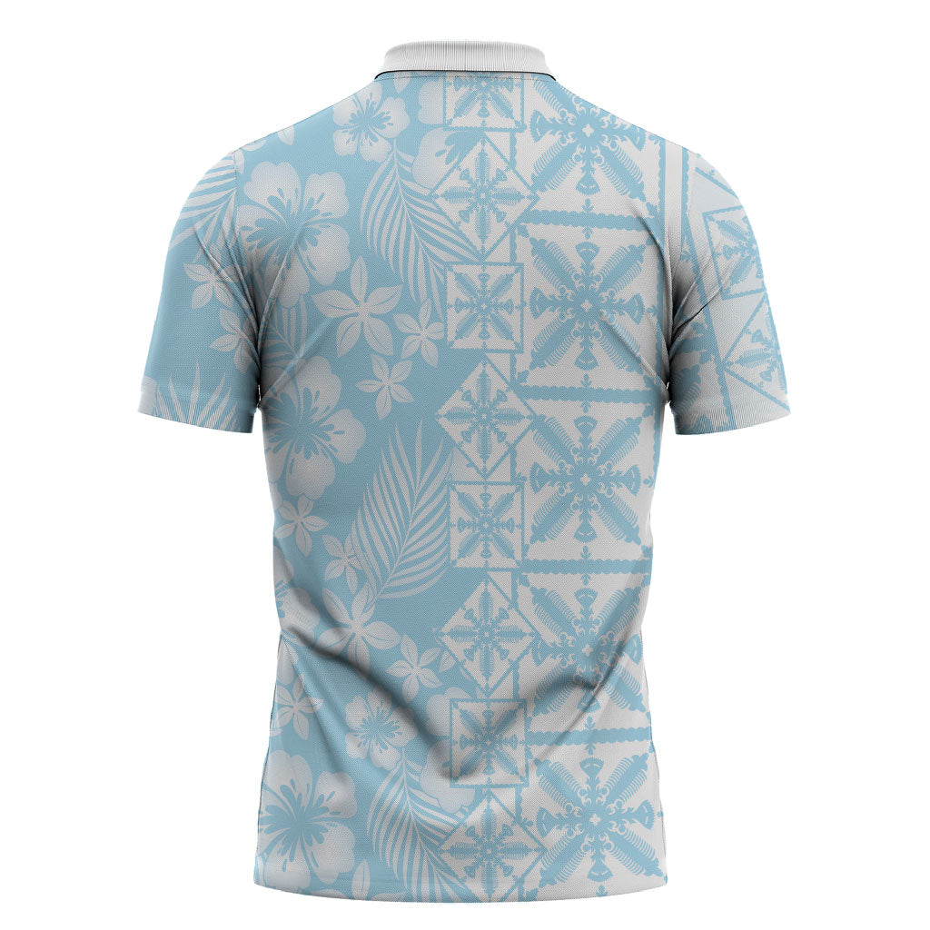 Pastel Blue Kahili Quilt Hawaii Zipper Polo Shirt Tropical Flower Seamless Half Style