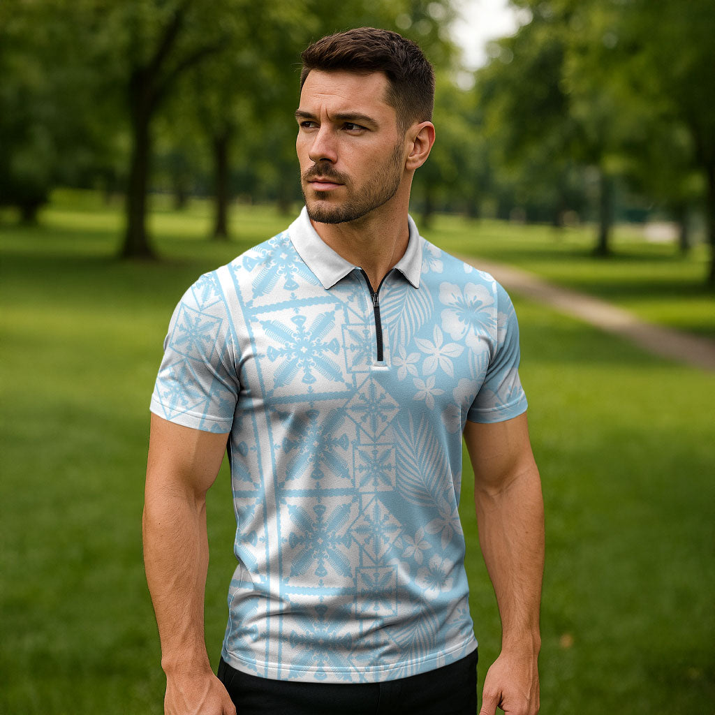 Pastel Blue Kahili Quilt Hawaii Zipper Polo Shirt Tropical Flower Seamless Half Style