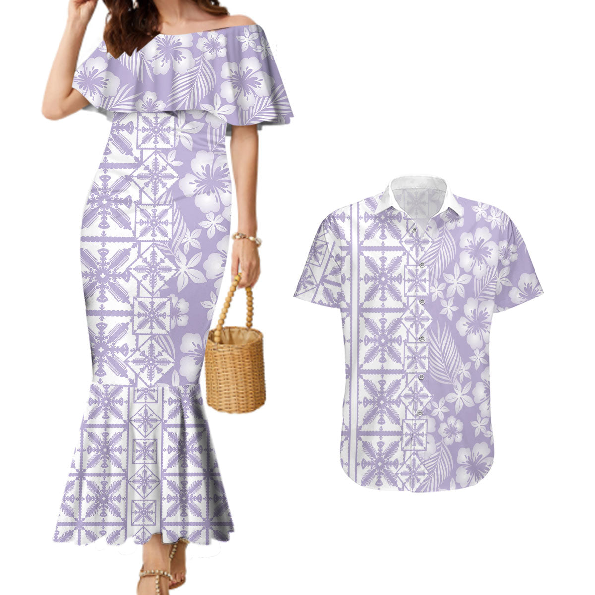 Pastel Purple Kahili Quilt Hawaii Couples Matching Mermaid Dress and Hawaiian Shirt Tropical Flower Seamless Half Style LT14 Purple - Polynesian Pride