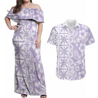 Pastel Purple Kahili Quilt Hawaii Couples Matching Off Shoulder Maxi Dress and Hawaiian Shirt Tropical Flower Seamless Half Style