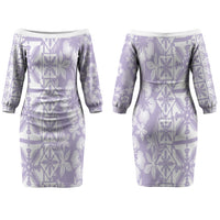 Pastel Purple Kahili Quilt Hawaii Couples Matching Off The Shoulder Long Sleeve Dress and Hawaiian Shirt Tropical Flower Seamless Half Style LT14 - Polynesian Pride