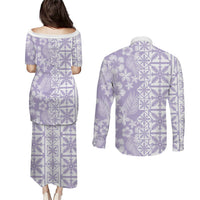 Pastel Purple Kahili Quilt Hawaii Couples Matching Puletasi and Long Sleeve Button Shirt Tropical Flower Seamless Half Style