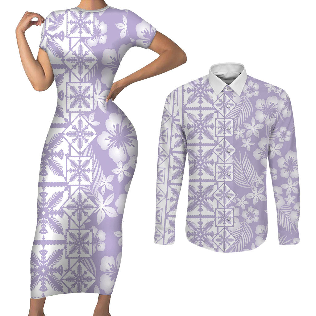 Pastel Purple Kahili Quilt Hawaii Couples Matching Short Sleeve Bodycon Dress and Long Sleeve Button Shirt Tropical Flower Seamless Half Style
