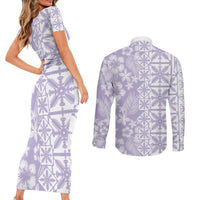 Pastel Purple Kahili Quilt Hawaii Couples Matching Short Sleeve Bodycon Dress and Long Sleeve Button Shirt Tropical Flower Seamless Half Style