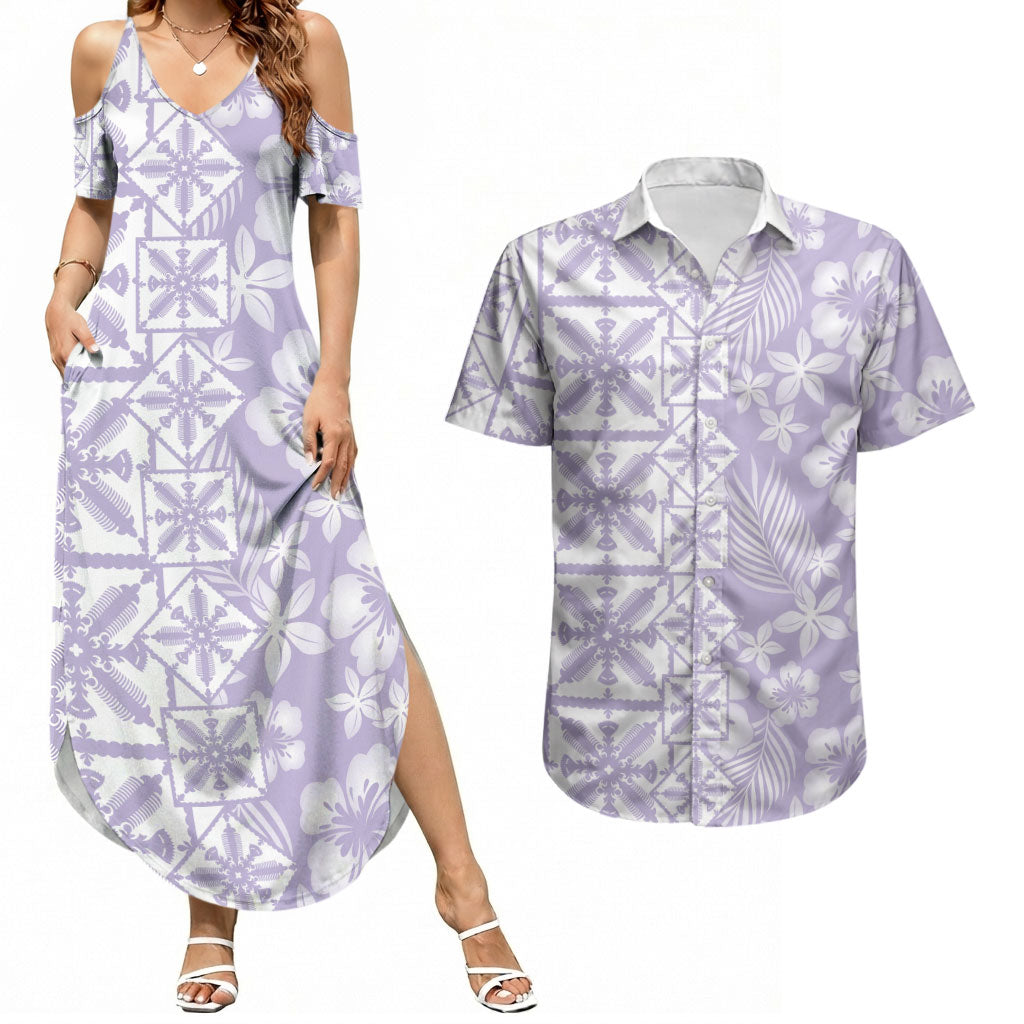 Pastel Purple Kahili Quilt Hawaii Couples Matching Summer Maxi Dress and Hawaiian Shirt Tropical Flower Seamless Half Style LT14 Purple - Polynesian Pride