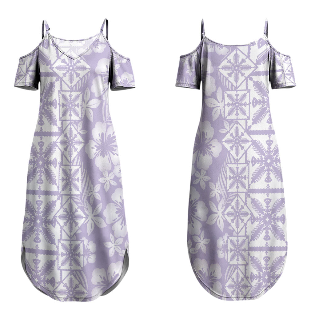 Pastel Purple Kahili Quilt Hawaii Couples Matching Summer Maxi Dress and Long Sleeve Button Shirt Tropical Flower Seamless Half Style LT14 - Polynesian Pride