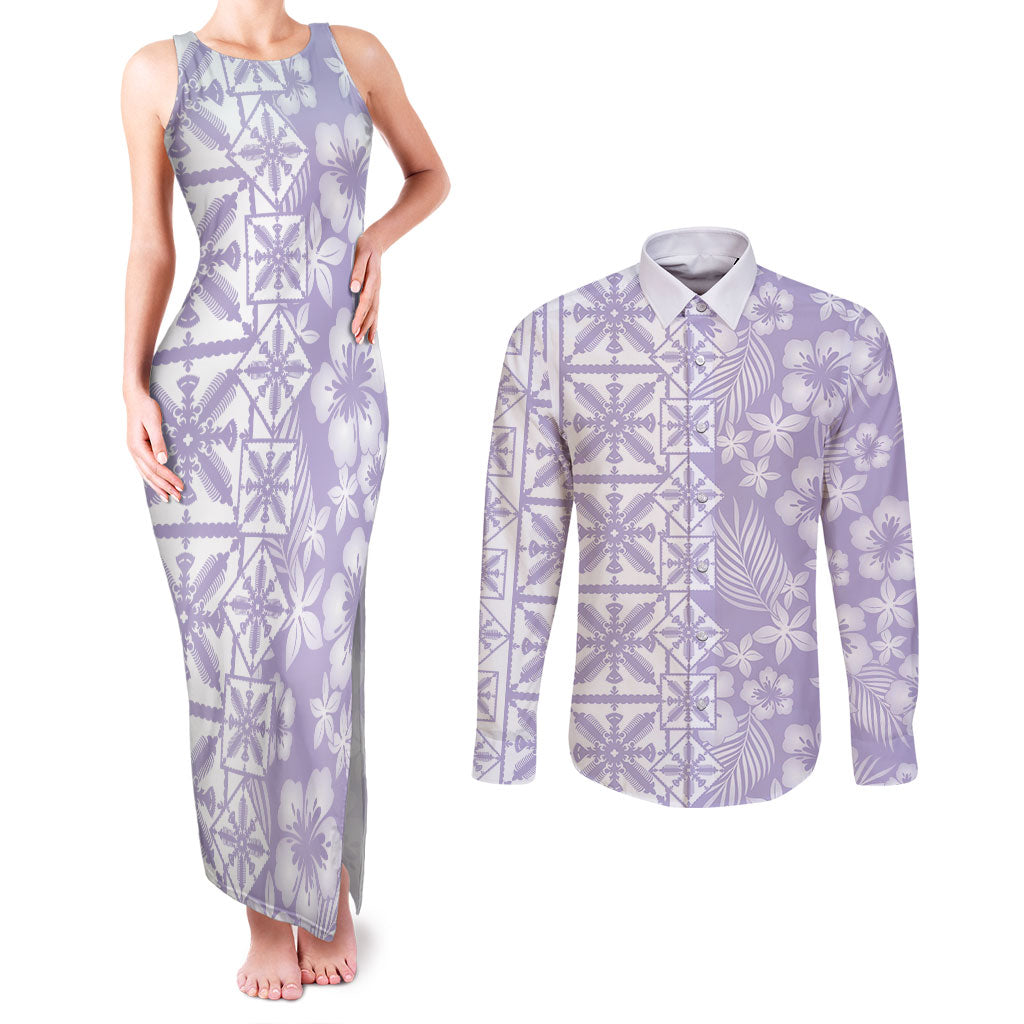 Pastel Purple Kahili Quilt Hawaii Couples Matching Tank Maxi Dress and Long Sleeve Button Shirt Tropical Flower Seamless Half Style