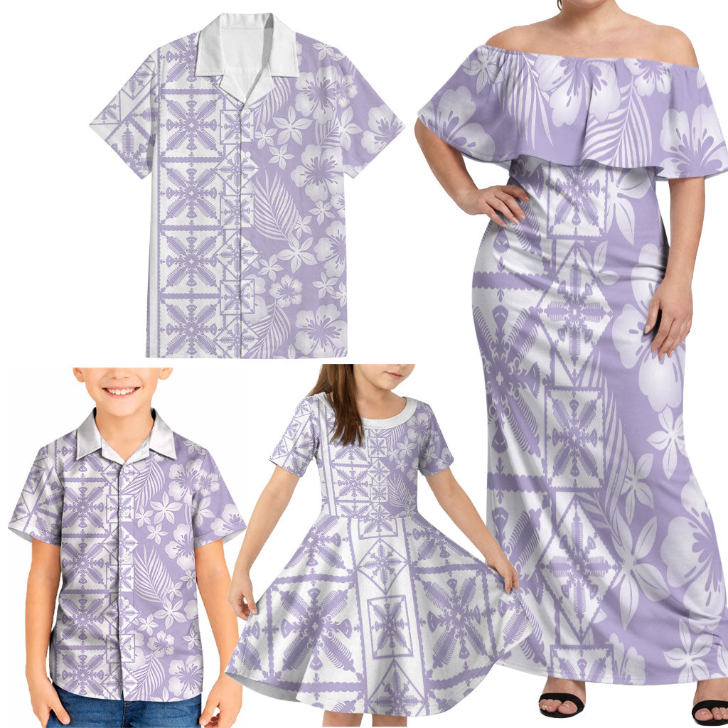 Pastel Purple Kahili Quilt Hawaii Family Matching Off Shoulder Maxi Dress and Hawaiian Shirt Tropical Flower Seamless Half Style LT14 - Polynesian Pride