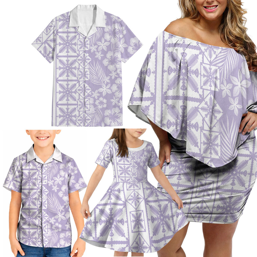 Pastel Purple Kahili Quilt Hawaii Family Matching Off Shoulder Short Dress and Hawaiian Shirt Tropical Flower Seamless Half Style LT14 - Polynesian Pride