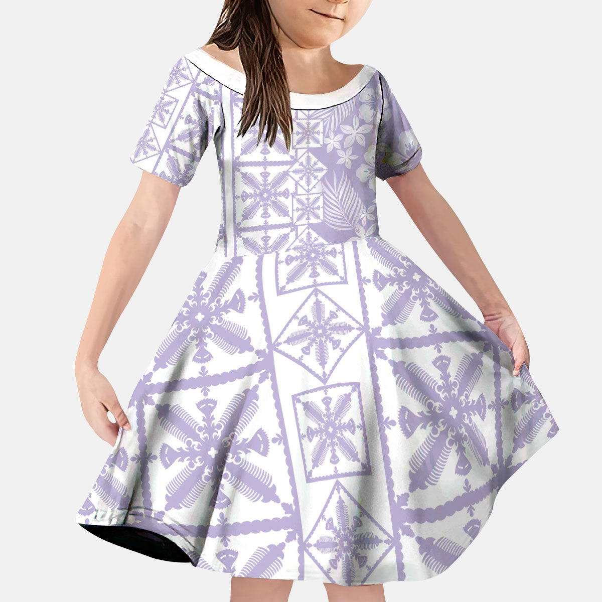 Pastel Purple Kahili Quilt Hawaii Kid Short Sleeve Dress Tropical Flower Seamless Half Style