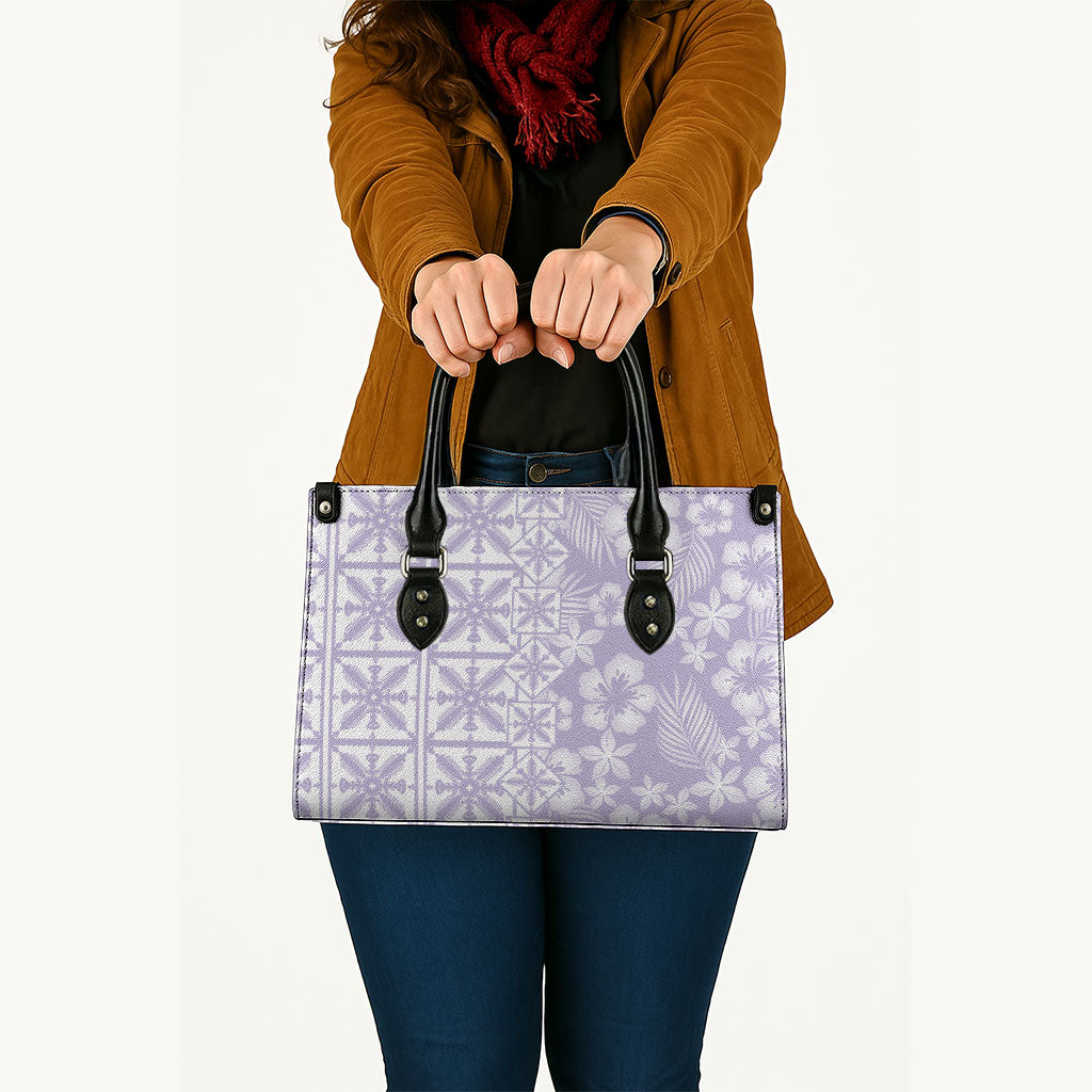Pastel Purple Kahili Quilt Hawaii Leather Bag Tropical Flower Seamless Half Style