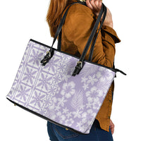 Pastel Purple Kahili Quilt Hawaii Leather Tote Bag Tropical Flower Seamless Half Style
