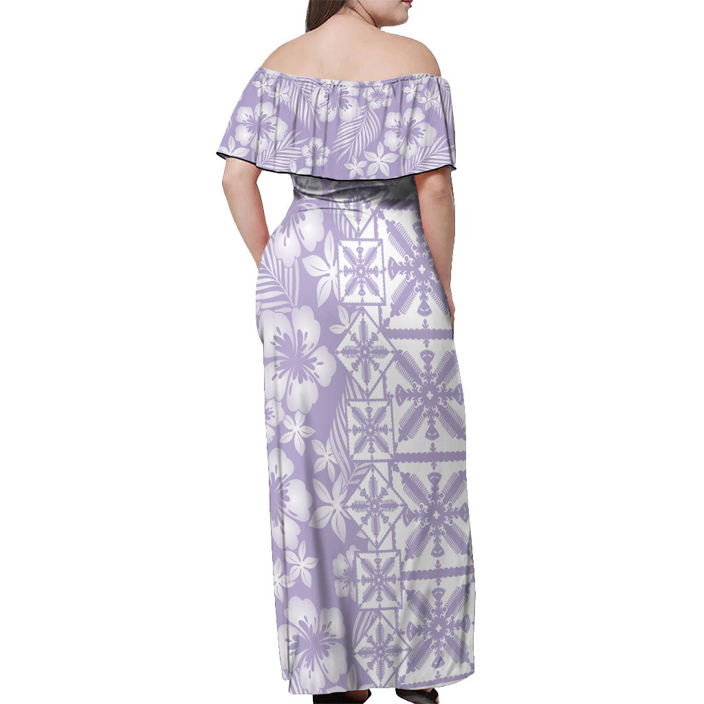 Pastel Purple Kahili Quilt Hawaii Off Shoulder Maxi Dress Tropical Flower Seamless Half Style