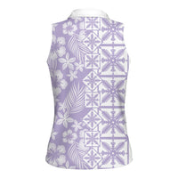 Pastel Purple Kahili Quilt Hawaii Women Sleeveless Polo Shirt Tropical Flower Seamless Half Style