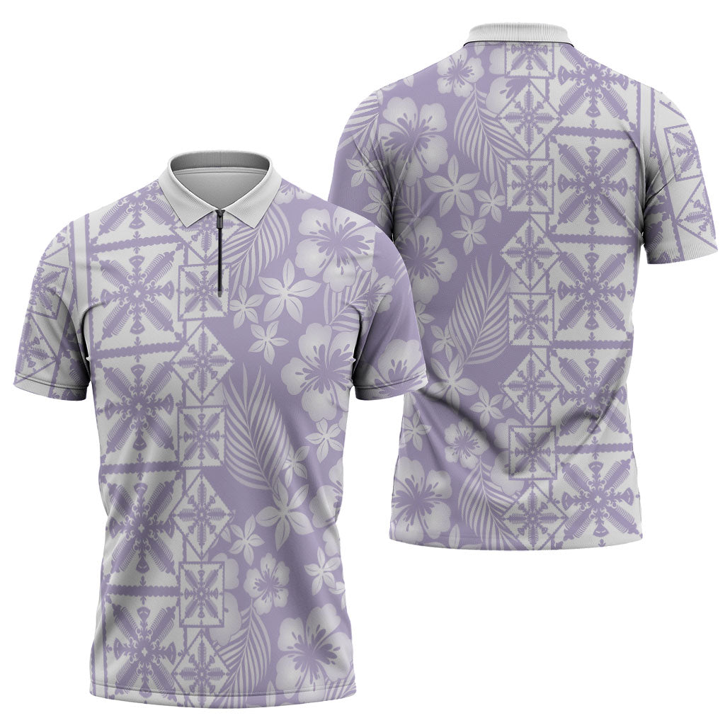Pastel Purple Kahili Quilt Hawaii Zipper Polo Shirt Tropical Flower Seamless Half Style