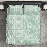 Pastel Green Kahili Quilt Hawaii Bedding Set Tropical Flower Seamless Half Style