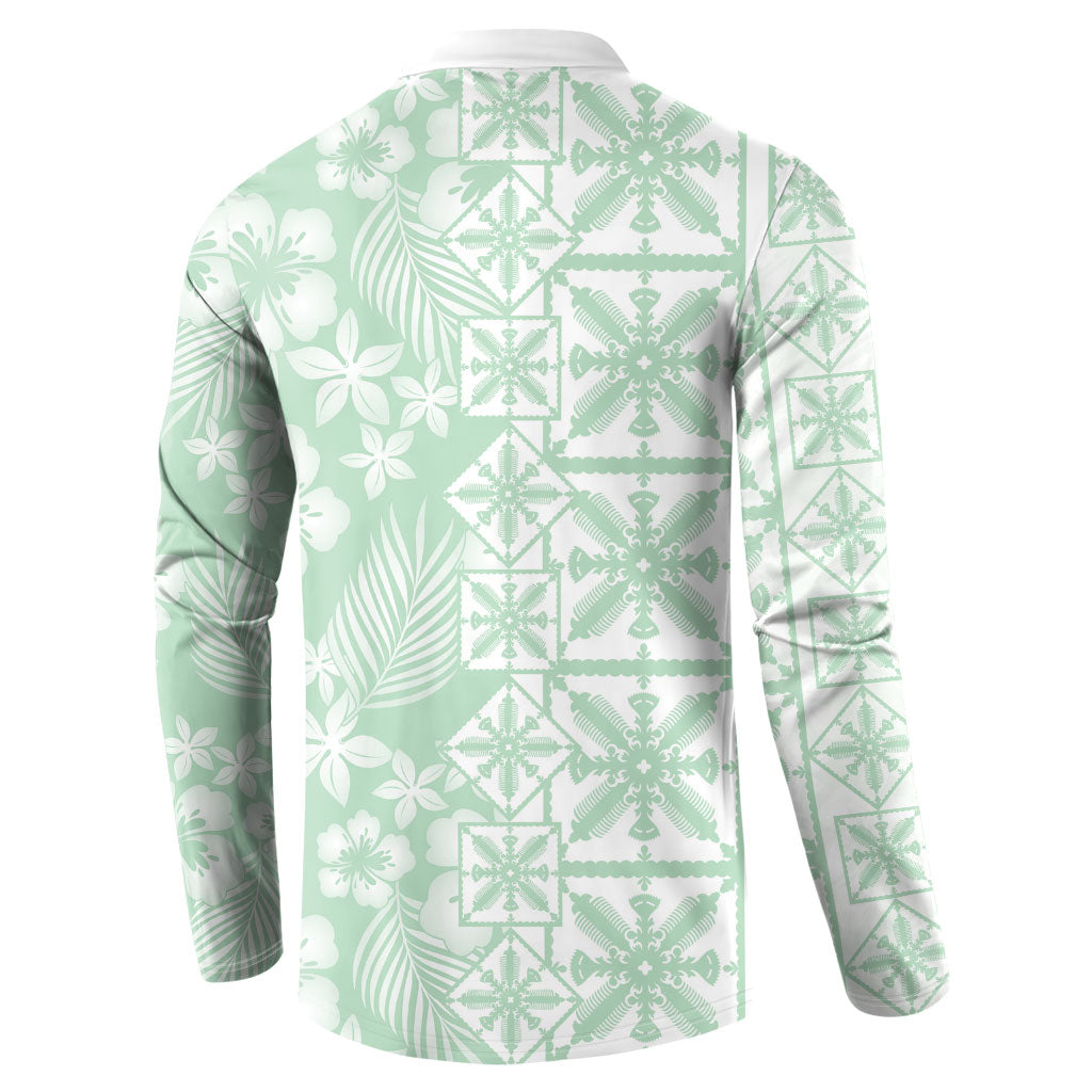 Pastel Green Kahili Quilt Hawaii Button Sweatshirt Tropical Flower Seamless Half Style