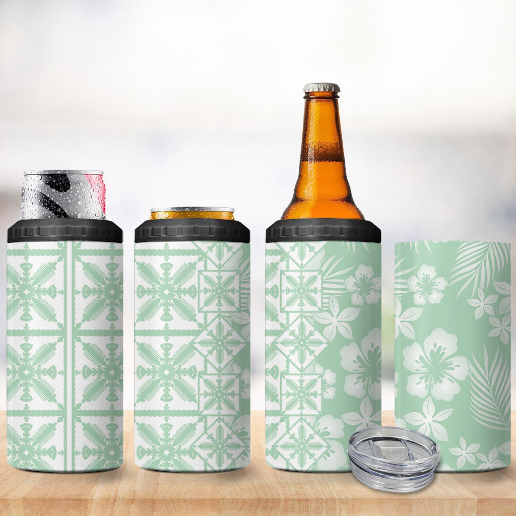 Pastel Green Kahili Quilt Hawaii 4 in 1 Can Cooler Tumbler Tropical Flower Seamless Half Style
