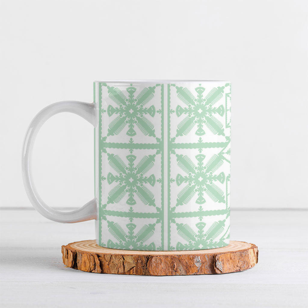 Pastel Green Kahili Quilt Hawaii Ceramic Mug Tropical Flower Seamless Half Style