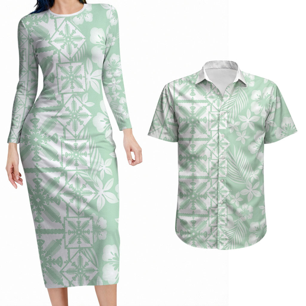 Pastel Green Kahili Quilt Hawaii Couples Matching Long Sleeve Bodycon Dress and Hawaiian Shirt Tropical Flower Seamless Half Style LT14 Green - Polynesian Pride