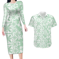Pastel Green Kahili Quilt Hawaii Couples Matching Long Sleeve Bodycon Dress and Hawaiian Shirt Tropical Flower Seamless Half Style LT14 Green - Polynesian Pride