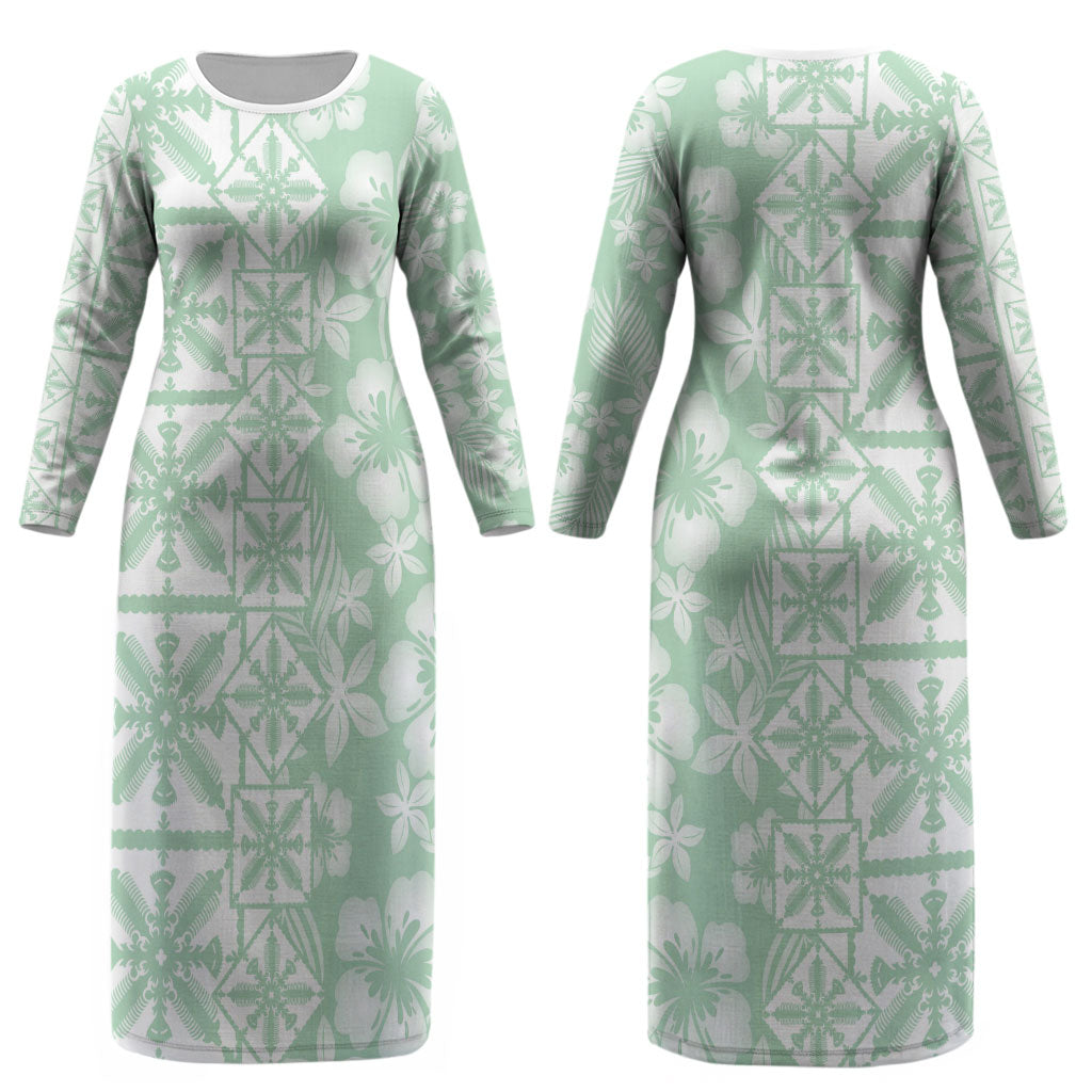 Pastel Green Kahili Quilt Hawaii Couples Matching Long Sleeve Bodycon Dress and Long Sleeve Button Shirt Tropical Flower Seamless Half Style LT14 - Polynesian Pride