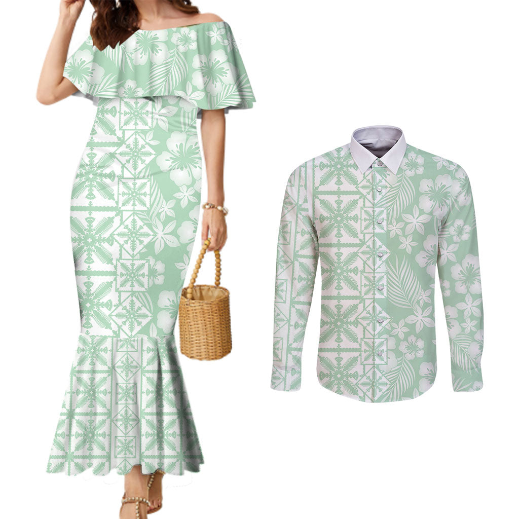 Pastel Green Kahili Quilt Hawaii Couples Matching Mermaid Dress and Long Sleeve Button Shirt Tropical Flower Seamless Half Style