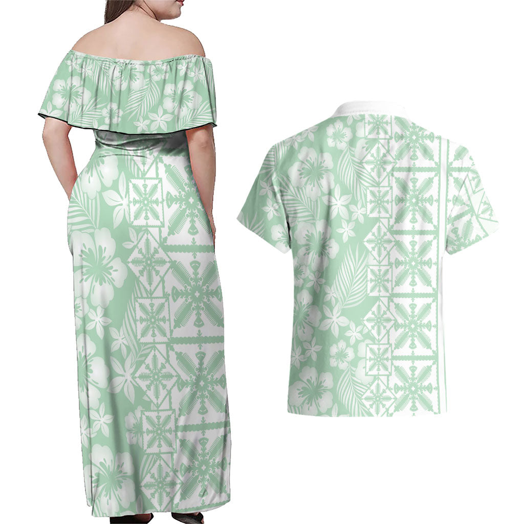 Pastel Green Kahili Quilt Hawaii Couples Matching Off Shoulder Maxi Dress and Hawaiian Shirt Tropical Flower Seamless Half Style