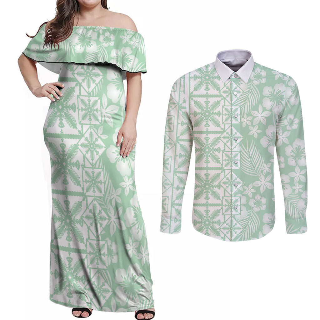 Pastel Green Kahili Quilt Hawaii Couples Matching Off Shoulder Maxi Dress and Long Sleeve Button Shirt Tropical Flower Seamless Half Style