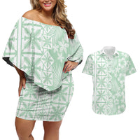 Pastel Green Kahili Quilt Hawaii Couples Matching Off Shoulder Short Dress and Hawaiian Shirt Tropical Flower Seamless Half Style