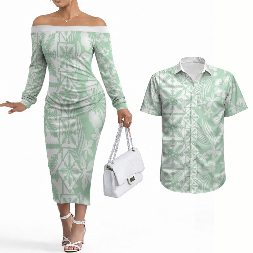 Pastel Green Kahili Quilt Hawaii Couples Matching Off The Shoulder Long Sleeve Dress and Hawaiian Shirt Tropical Flower Seamless Half Style LT14 Green - Polynesian Pride