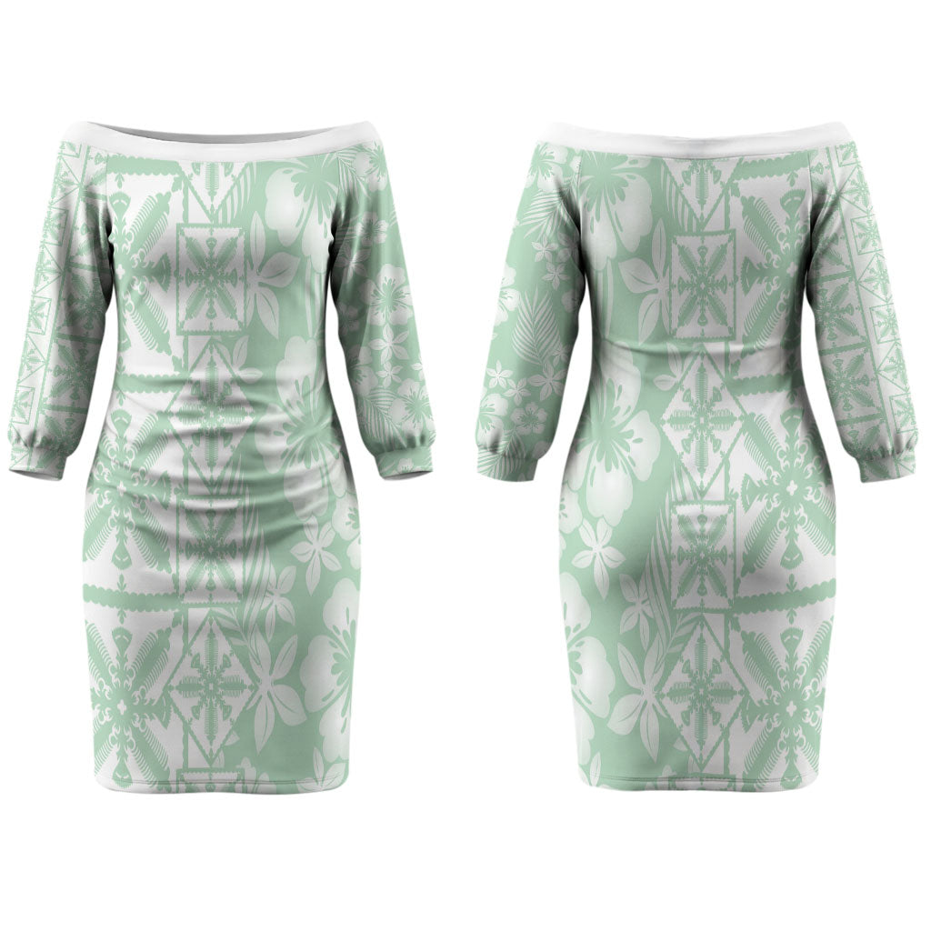 Pastel Green Kahili Quilt Hawaii Couples Matching Off The Shoulder Long Sleeve Dress and Hawaiian Shirt Tropical Flower Seamless Half Style LT14 - Polynesian Pride