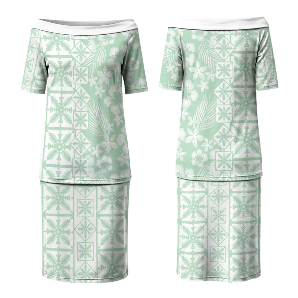 Pastel Green Kahili Quilt Hawaii Couples Matching Puletasi and Hawaiian Shirt Tropical Flower Seamless Half Style LT14 - Polynesian Pride
