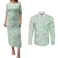 Pastel Green Kahili Quilt Hawaii Couples Matching Puletasi and Long Sleeve Button Shirt Tropical Flower Seamless Half Style