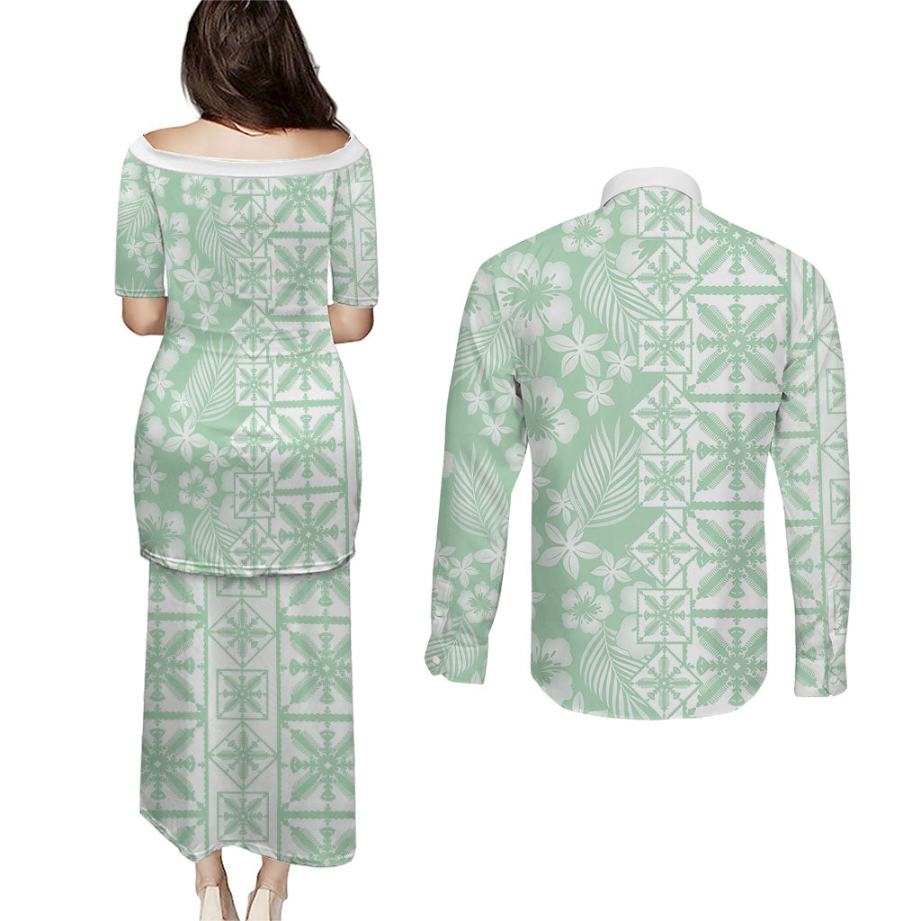 Pastel Green Kahili Quilt Hawaii Couples Matching Puletasi and Long Sleeve Button Shirt Tropical Flower Seamless Half Style