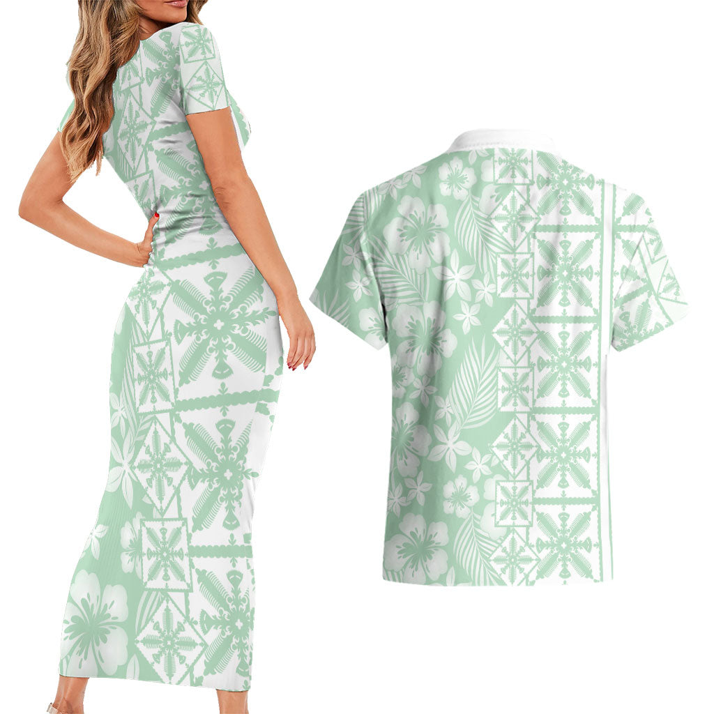 Pastel Green Kahili Quilt Hawaii Couples Matching Short Sleeve Bodycon Dress and Hawaiian Shirt Tropical Flower Seamless Half Style LT14 - Polynesian Pride