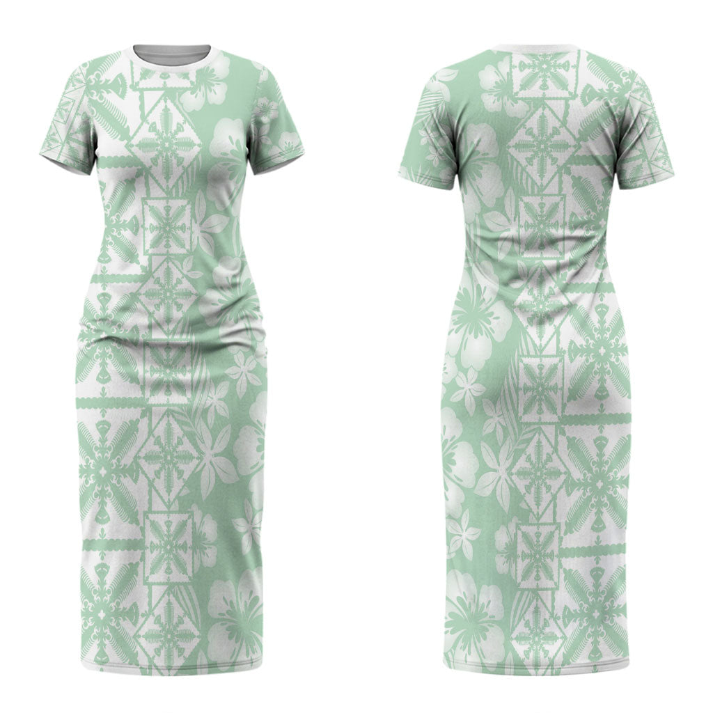 Pastel Green Kahili Quilt Hawaii Couples Matching Short Sleeve Bodycon Dress and Long Sleeve Button Shirt Tropical Flower Seamless Half Style LT14 - Polynesian Pride