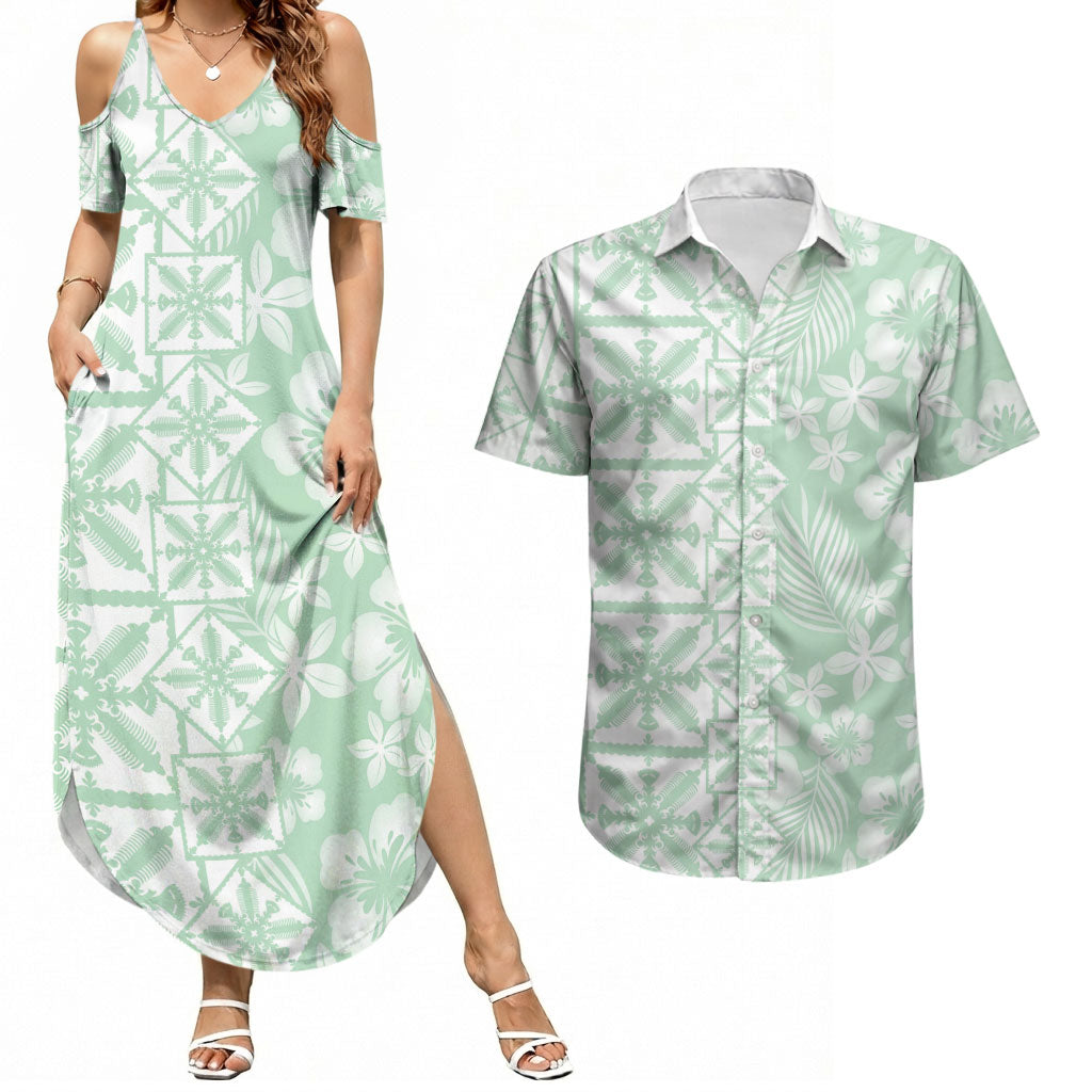 Pastel Green Kahili Quilt Hawaii Couples Matching Summer Maxi Dress and Hawaiian Shirt Tropical Flower Seamless Half Style LT14 Green - Polynesian Pride