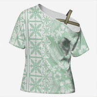 Pastel Green Kahili Quilt Hawaii Cross Shoulder Shirt Tropical Flower Seamless Half Style