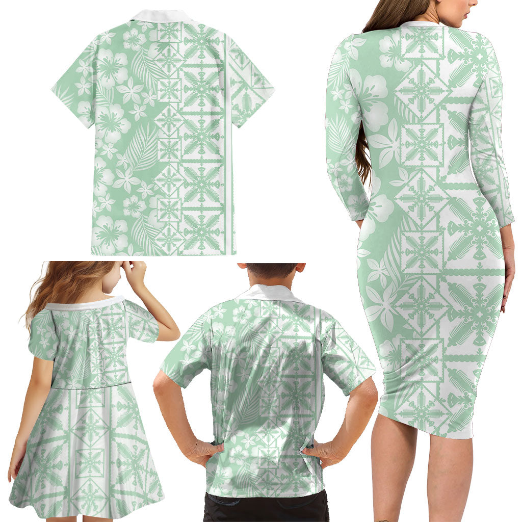 Pastel Green Kahili Quilt Hawaii Family Matching Long Sleeve Bodycon Dress and Hawaiian Shirt Tropical Flower Seamless Half Style LT14 - Polynesian Pride