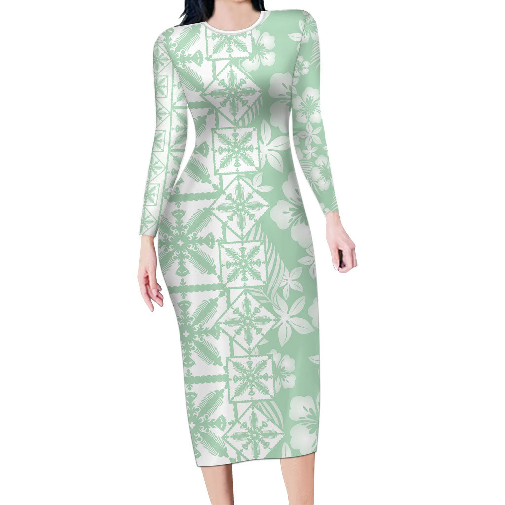 Pastel Green Kahili Quilt Hawaii Family Matching Long Sleeve Bodycon Dress and Hawaiian Shirt Tropical Flower Seamless Half Style LT14 Mom's Dress Green - Polynesian Pride