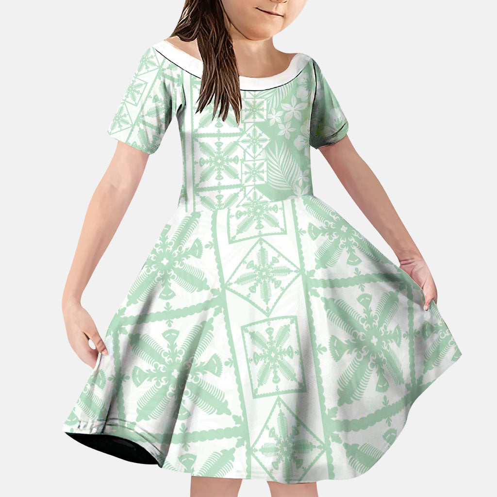 Pastel Green Kahili Quilt Hawaii Family Matching Mermaid Dress and Hawaiian Shirt Tropical Flower Seamless Half Style LT14 Daughter's Dress Green - Polynesian Pride