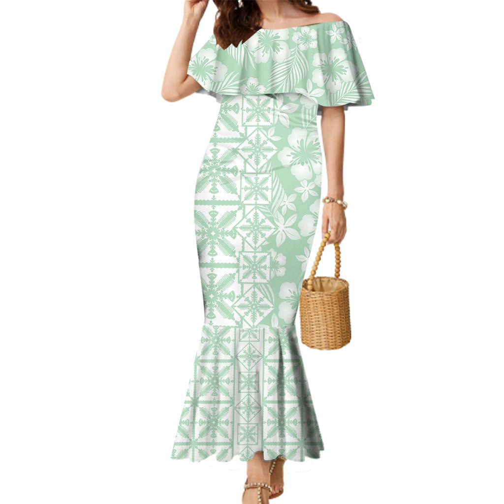 Pastel Green Kahili Quilt Hawaii Family Matching Mermaid Dress and Hawaiian Shirt Tropical Flower Seamless Half Style LT14 Mom's Dress Green - Polynesian Pride