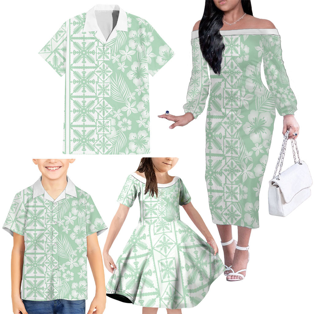 Pastel Green Kahili Quilt Hawaii Family Matching Off The Shoulder Long Sleeve Dress and Hawaiian Shirt Tropical Flower Seamless Half Style LT14 - Polynesian Pride